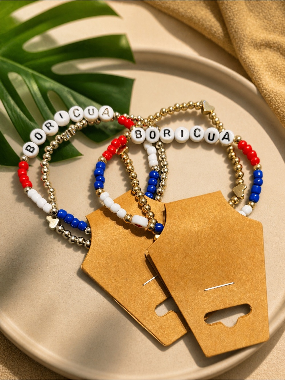 BORICUA Beaded Bracelet Set - Red White Blue with Gold Accents